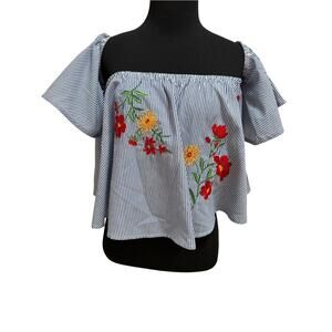 Forever 21 Womens L Blue White Striped Floral Embroidered Off Shoulder Top